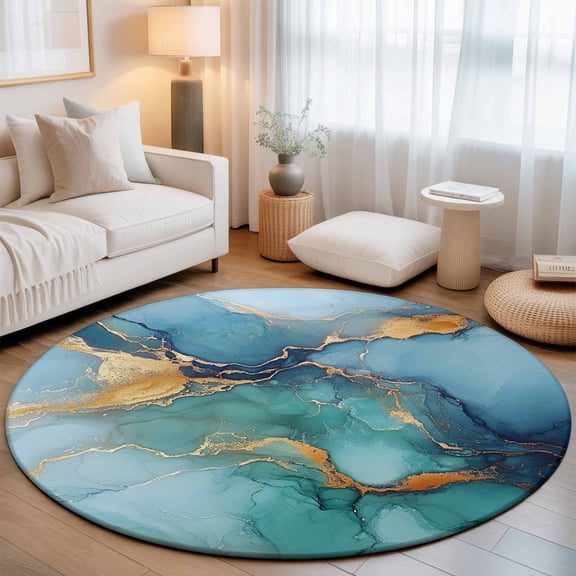 Small Round Rug 3Ft, Turquoise Blue Non-Slip Washable Circle Rugs Carpet, Modern Teal Gold Marble Textured Indoor Outdoor Rug Floor Mats Throw Runner for Bedroom Living Room Bathroom