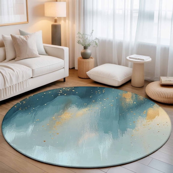Small Round Rug 3Ft, Turquoise Gold Non-Slip Washable Circle Rugs Carpet, Modern Abstract Teal Geometric Indoor Outdoor Rug Floor Mats Throw Runner for Bedroom Living Room Bathroom