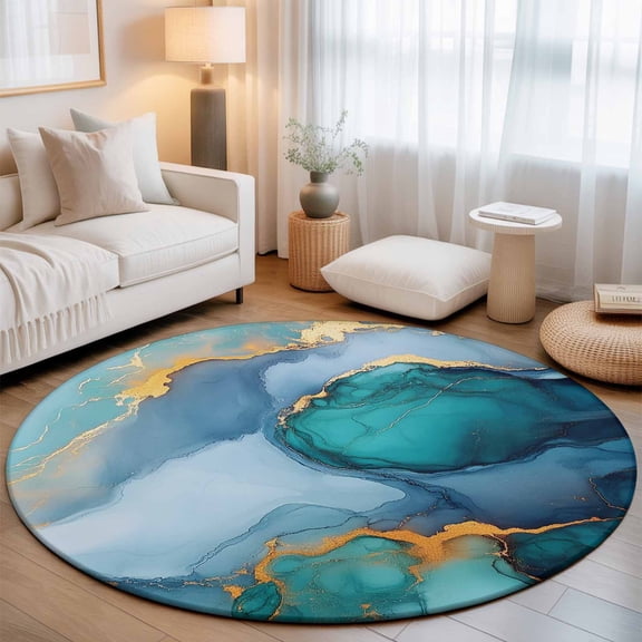 Small Round Rug 3Ft, Turquoise Gold Non-Slip Washable Circle Rugs Carpet, Modern Teal Blue Marble Textured Indoor Outdoor Rug Floor Mats Throw Runner for Bedroom Living Room Bathroom