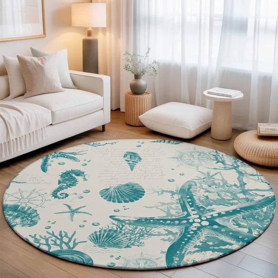 Small Round Rug 3Ft, Turquoise Starfish Non-Slip Washable Circle Rugs Carpet, Ocean Nautical Seahorse Coral Shell Indoor Outdoor Rug Floor Mats Throw Runner for Bedroom Living Room Bathroom