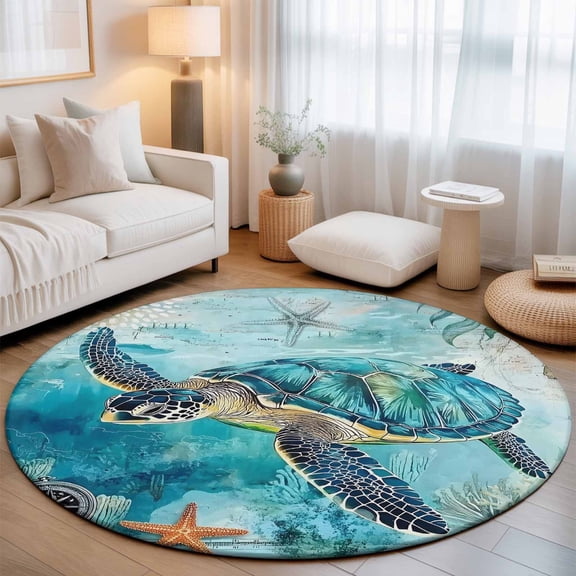 Small Round Rug 3Ft, Turquoise Turtle Non-Slip Washable Circle Rugs Carpet, Farmhouse Coastal Starfish Seaweeds Indoor Outdoor Rug Floor Mats Throw Runner for Bedroom Living Room Bathroom