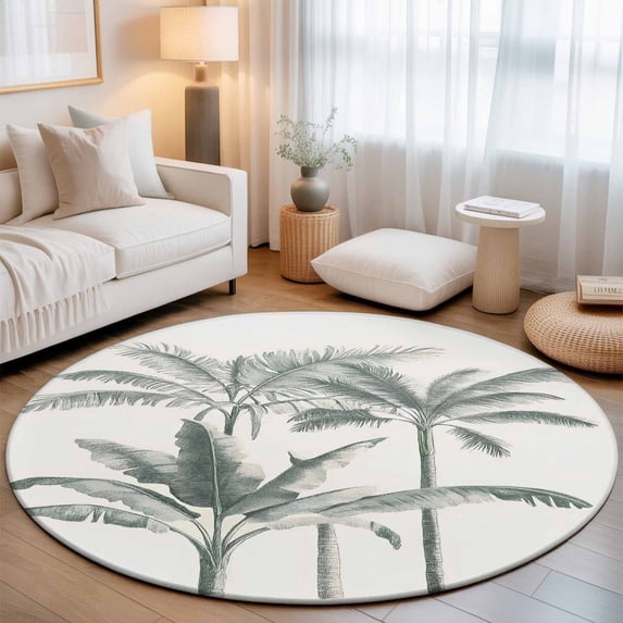 Small Round Rug 3Ft, Vintage Palm Tree Non-Slip Washable Circle Rugs Carpet, Tropical Beach Botanical Indoor Outdoor Rug Floor Mats Throw Runner for Bedroom Living Room Bathroom