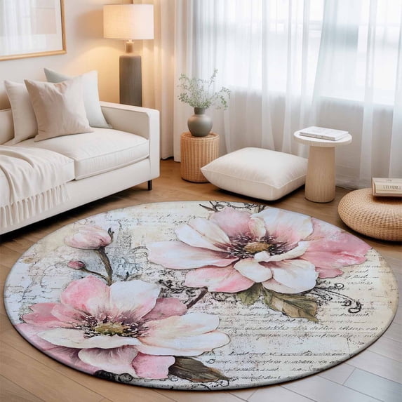 Small Round Rug 3Ft, Vintage Spring Floral Non-Slip Washable Circle Rugs Carpet, Pink Summer Botanical Retro Flowers Indoor Outdoor Rug Floor Mats Throw Runner for Bedroom Living Room Bathroom