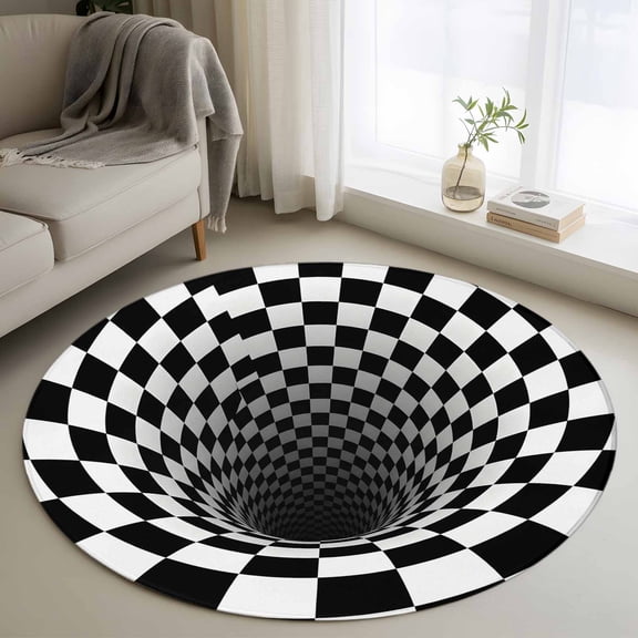 Small Round Rug 3Ft Washable Non-Slip, 3D Optical Illusion Circle Area Rugs for Living Room Bedroom, Black White Checkered Gingham Plaid Vortex Indoor Floor Mats Carpet Runner for Home Decor