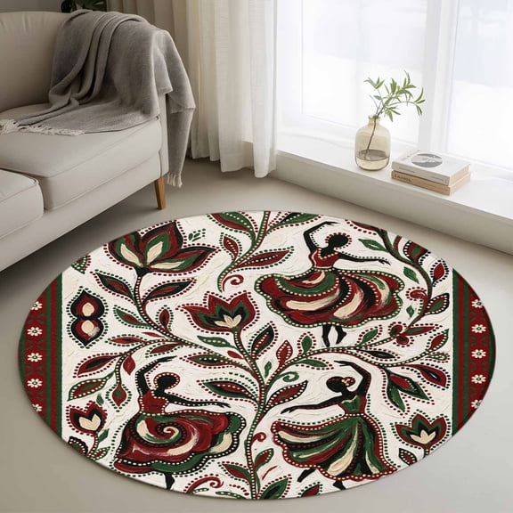 Small Round Rug 3Ft Washable Non-Slip, Abstract Flowers Circle Area Rugs for Living Room Bedroom, Modern Geometric Chic Red Green Striped Indoor Floor Mats Carpet Runner for Home Decor