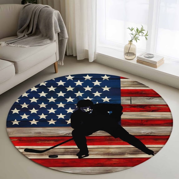 Small Round Rug 3Ft Washable Non-Slip, American Flag Circle Area Rugs for Living Room Bedroom, Blue Red USA Flag Retro Hockey Indoor Floor Mats Carpet Runner for Home Decor