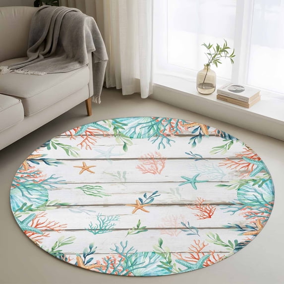 Small Round Rug 3Ft Washable Non-Slip, Beach Coastal Circle Area Rugs for Living Room Bedroom, Summer Coral Starfish Nautical Ocean Retro Indoor Floor Mats Carpet Runner for Home Decor