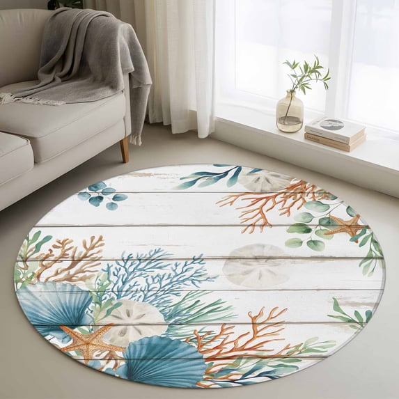Small Round Rug 3Ft Washable Non-Slip, Beach Coastal Circle Area Rugs for Living Room Bedroom, Summer Nautical Coral Shell Botanical Vintage Indoor Floor Mats Carpet Runner for Home Decor