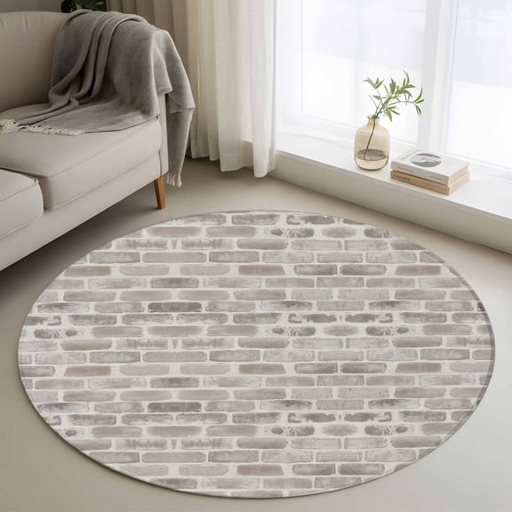 Small Round Rug 3Ft Washable Non-Slip, Beige Brick Wall Circle Area Rugs for Living Room Bedroom, Retro Country Stone Rocks Geometric Print Indoor Floor Mats Carpet Runner for Home Decor