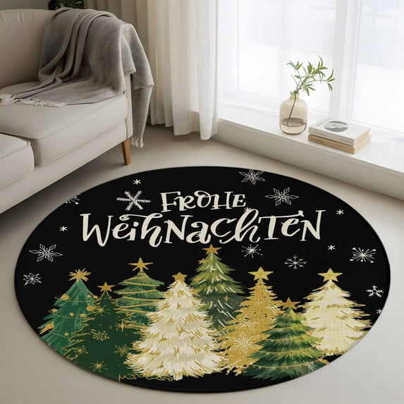 Small Round Rug 3Ft Washable Non-Slip, Black Christmas Circle Area Rugs for Living Room Bedroom, Xmas Tree Snowflake Farmhouse Indoor Floor Mats Carpet Runner for Home Decor