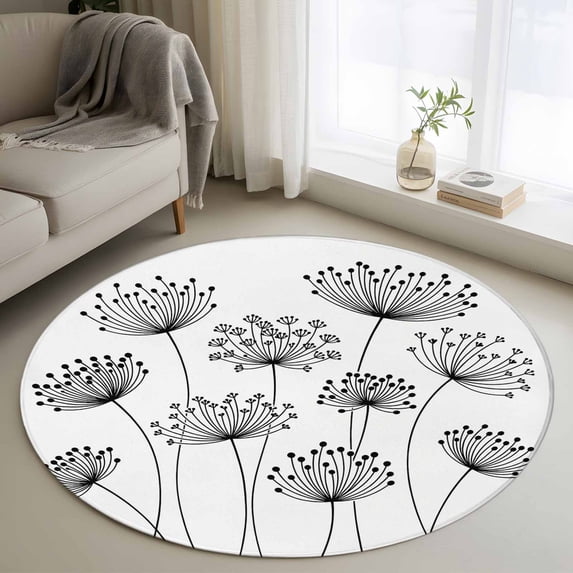 Small Round Rug 3Ft Washable Non-Slip, Black Dandelion Circle Area Rugs for Living Room Bedroom, Country Modern Minimalist Flower Indoor Floor Mats Carpet Runner for Home Decor