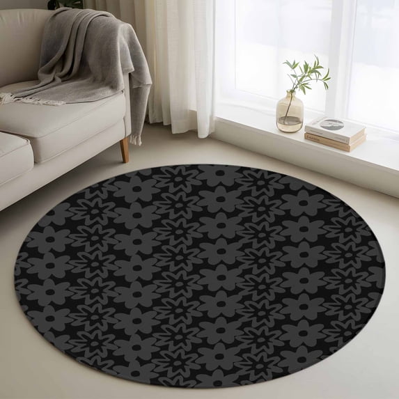Small Round Rug 3Ft Washable Non-Slip, Black Golden Floral Circle Area Rugs for Living Room Bedroom, Modern Abstract Art Spring Flowers Indoor Floor Mats Carpet Runner for Home Decor