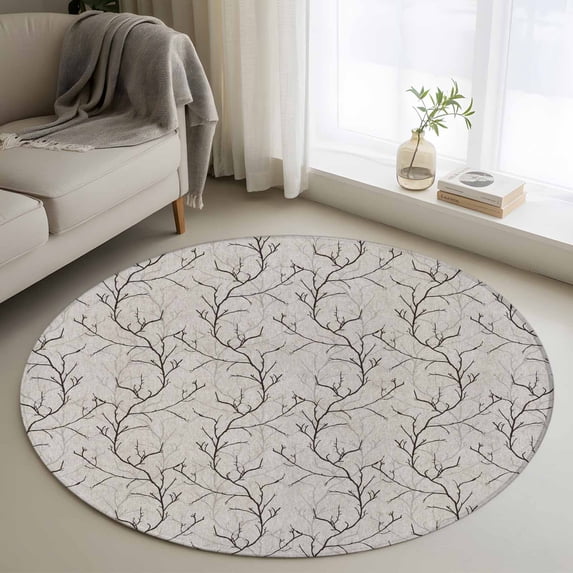 Small Round Rug 3Ft Washable Non-Slip, Black Grey Branches Circle Area Rugs for Living Room Bedroom, Vintage Art Farmhouse Indoor Floor Mats Carpet Runner for Home Decor