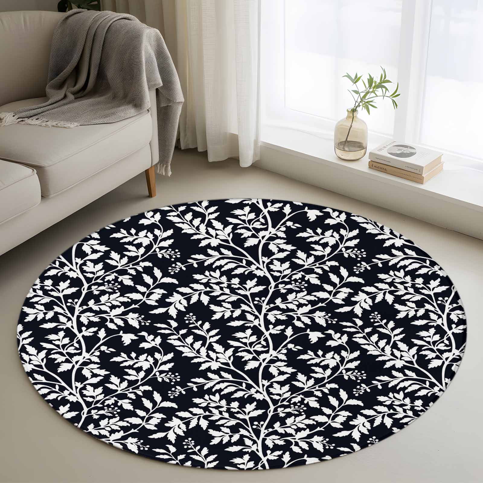 Small Round Rug 3Ft Washable Non-Slip, Black Spring Floral Circle Area Rugs for Living Room Bedroom, Farmhouse Flowers Elegant Pastoral Indoor Floor Mats Carpet Runner for Home Decor