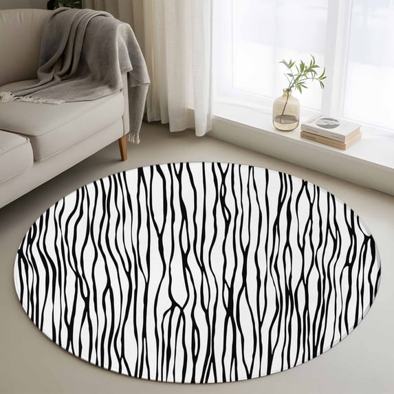 Small Round Rug 3Ft Washable Non-Slip, Black White Lines Circle Area Rugs for Living Room Bedroom, Retro Stripes Texture Minimalist Art Indoor Floor Mats Carpet Runner for Home Decor