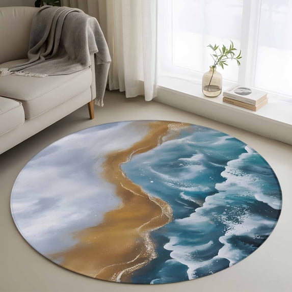 Small Round Rug 3Ft Washable Non-Slip, Blue Beach Circle Area Rugs for Living Room Bedroom, Summer Ocean Coastal Waves Gradient Abstract Indoor Floor Mats Carpet Runner for Home Decor
