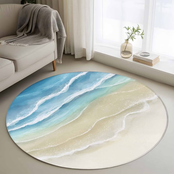 Small Round Rug 3Ft Washable Non-Slip, Blue Beach Coastal Circle Area Rugs for Living Room Bedroom, Summer Ocean Nautical Seaside Indoor Floor Mats Carpet Runner for Home Decor
