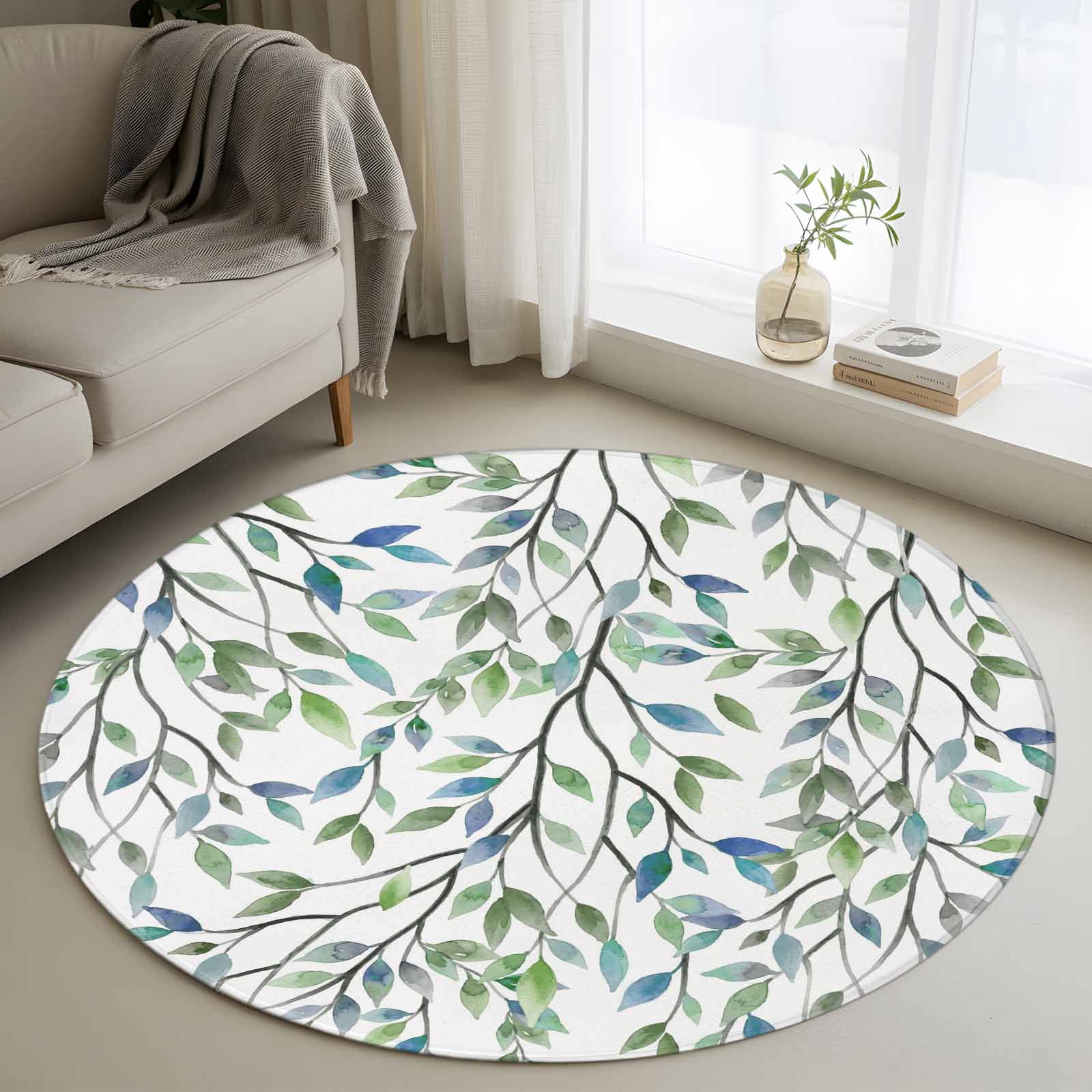 Small Round Rug 3Ft Washable Non-Slip, Blue Green Eucalyptus Circle Area Rugs for Living Room Bedroom, Spring Botanical Leaves Weeping Indoor Floor Mats Carpet Runner for Home Decor