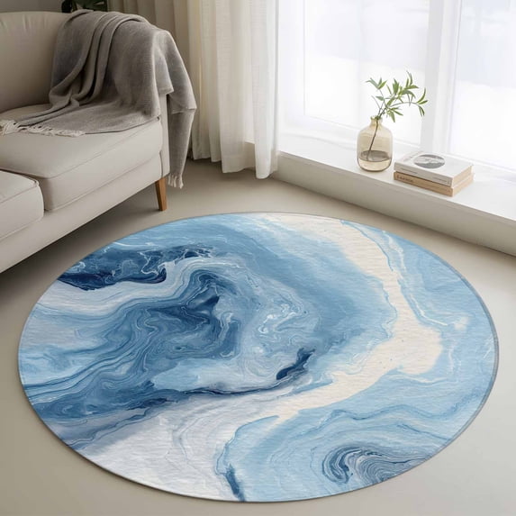 Small Round Rug 3Ft Washable Non-Slip, Blue Marble Circle Area Rugs for Living Room Bedroom, Summer Ocean Wave Blue Ombre Indoor Floor Mats Carpet Runner for Home Decor