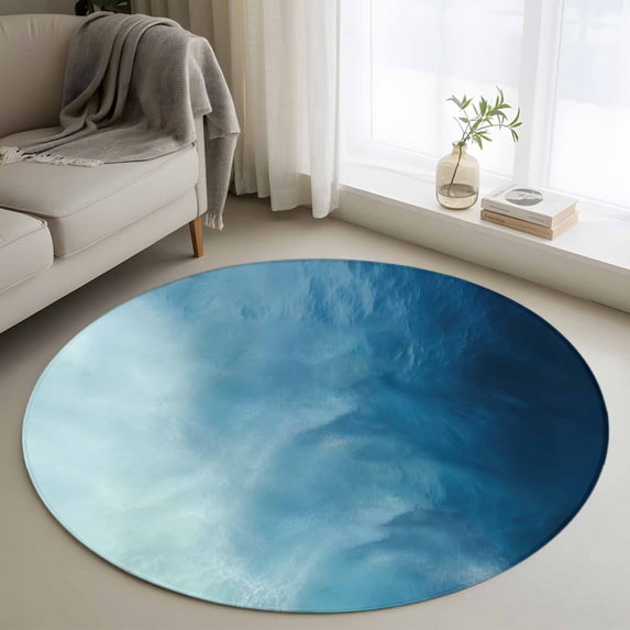 Small Round Rug 3Ft Washable Non-Slip, Blue Ombre Circle Area Rugs for Living Room Bedroom, Coastal Beach Modern Abstract Art Indoor Floor Mats Carpet Runner for Home Decor