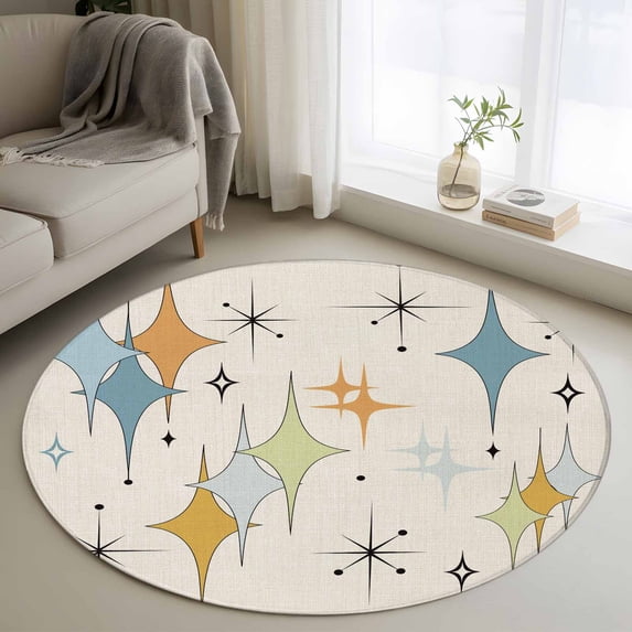 Small Round Rug 3Ft Washable Non-Slip, Blue Yellow Diamond Circle Area Rugs for Living Room Bedroom, Modern Geometric Middle Century Beige Indoor Floor Mats Carpet Runner for Home Decor