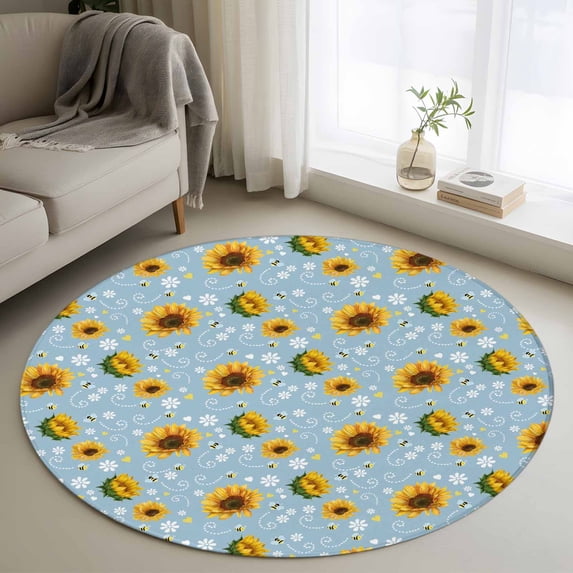 Small Round Rug 3Ft Washable Non-Slip, Blue Yellow Sunflower Circle Area Rugs for Living Room Bedroom, Summer Botanical Farmhouse Floral Indoor Floor Mats Carpet Runner for Home Decor