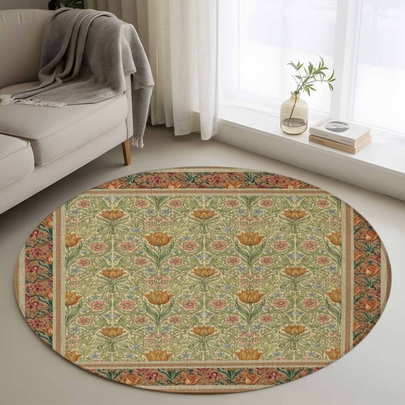 Small Round Rug 3Ft Washable Non-Slip, Boho Geometric Abstract Floral Circle Area Rugs for Living Room Bedroom, Vintage Ethnic Flower Textured Indoor Floor Mats Carpet Runner for Home Decor