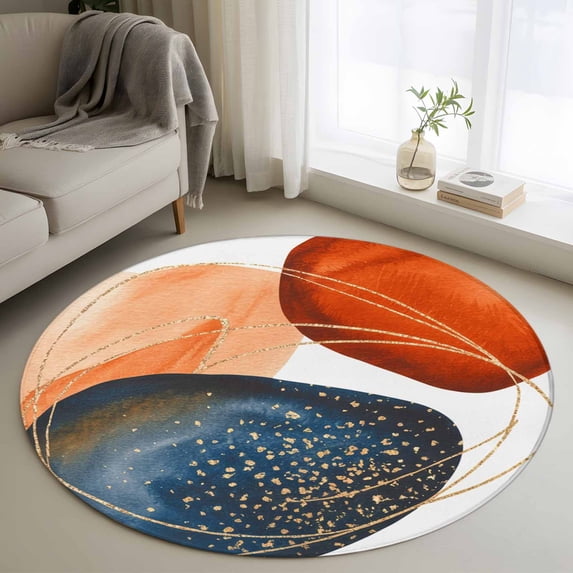 Small Round Rug 3Ft Washable Non-Slip, Boho Geometric Circle Area Rugs for Living Room Bedroom, Orange Blue Abstract Patterned Gold Stripes Indoor Floor Mats Carpet Runner for Home Decor