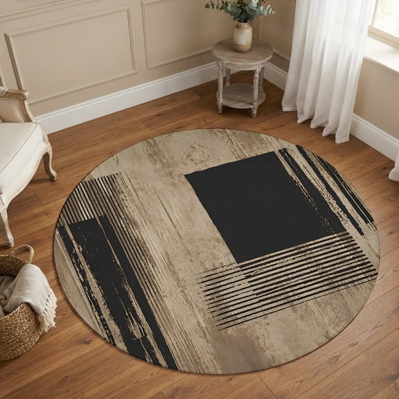 Small Round Rug 3Ft Washable Non-Slip, Brown Black Geometric Circle Area Rugs for Living Room Bedroom, Vintage Modern Striped Abstract Indoor Floor Mats Carpet Runner for Home Decor