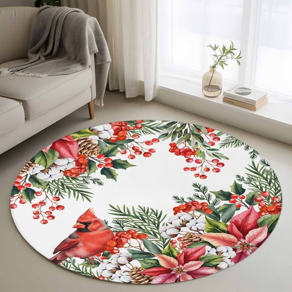 Small Round Rug 3Ft Washable Non-Slip, Cardinal Bird Circle Area Rugs for Living Room Bedroom, Winter Poinsettia Berry Pine Cones Floral Indoor Floor Mats Carpet Runner for Home Decor