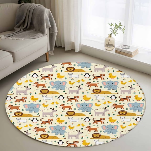 Small Round Rug 3Ft Washable Non-Slip, Cartoon Animals Circle Area Rugs for Living Room Bedroom, Cute Dog Tigers Elephants Lions Cat Indoor Floor Mats Carpet Runner for Home Decor