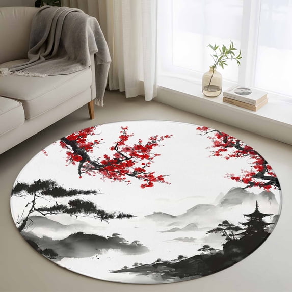 Small Round Rug 3Ft Washable Non-Slip, Chinese Mountain Circle Area Rugs for Living Room Bedroom, Landscape Painting Red Plum Flowers Indoor Floor Mats Carpet Runner for Home Decor