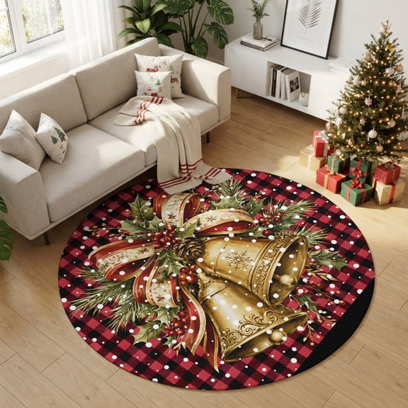 Small Round Rug 3Ft Washable Non-Slip, Christmas Balls Circle Area Rugs for Living Room Bedroom, Xmas Snowflake Pine Needle Red Plaid Indoor Floor Mats Carpet Runner for Home Decor