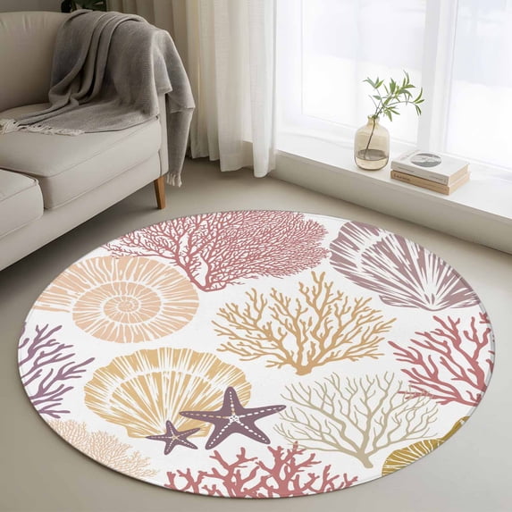 Small Round Rug 3Ft Washable Non-Slip, Coastal Coral Circle Area Rugs for Living Room Bedroom, Nautical Colorful Conch Seashells Starfish Indoor Floor Mats Carpet Runner for Home Decor