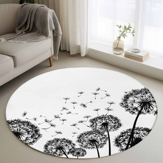 Small Round Rug 3Ft Washable Non-Slip, Dandelion Circle Area Rugs for Living Room Bedroom, Black White Modern Country Rustic Plants Indoor Floor Mats Carpet Runner for Home Decor