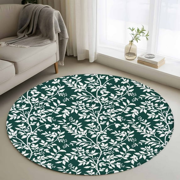Small Round Rug 3Ft Washable Non-Slip, Dark Green Spring Floral Circle Area Rugs for Living Room Bedroom, Farmhouse Flowers Elegant Pastoral Indoor Floor Mats Carpet Runner for Home Decor