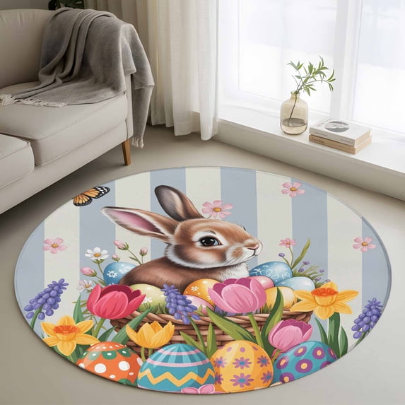 Small Round Rug 3Ft Washable Non-Slip, Easter Bunny Circle Area Rugs for Living Room Bedroom, Colorful Eggs Spring Tulips Flower Blue Stripes Indoor Floor Mats Carpet Runner for Home Decor