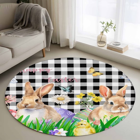 Small Round Rug 3Ft Washable Non-Slip, Easter Bunny Circle Area Rugs for Living Room Bedroom, Spring Easter Eggs Chicken Black White Plaid Indoor Floor Mats Carpet Runner for Home Decor