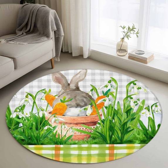 Small Round Rug 3Ft Washable Non-Slip, Easter Bunny Circle Area Rugs for Living Room Bedroom, Spring Garden Floral Botanical Gray Plaid Indoor Floor Mats Carpet Runner for Home Decor