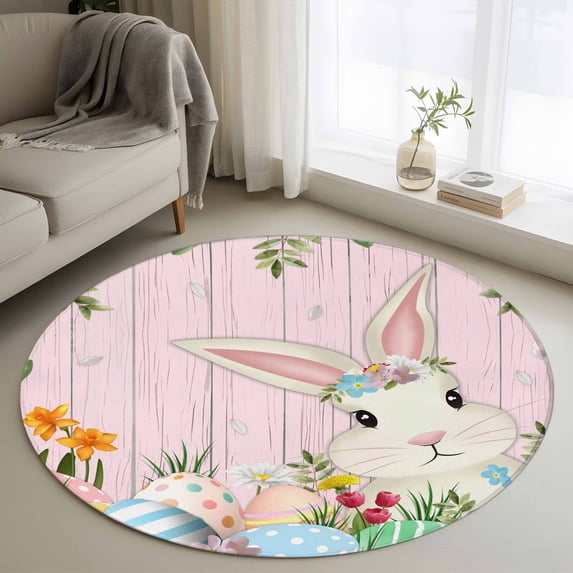 Small Round Rug 3Ft Washable Non-Slip, Easter Bunny Circle Area Rugs for Living Room Bedroom, Spring Watercolor Eggs Flower Wood Grain Pink Indoor Floor Mats Carpet Runner for Home Decor