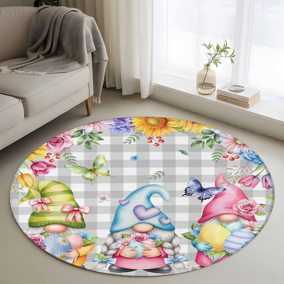 Small Round Rug 3Ft Washable Non-Slip, Easter Gnomes Circle Area Rugs for Living Room Bedroom, Spring Floral Eggs Flowers Butterflies Gray Plaid Indoor Floor Mats Carpet Runner for Home Decor