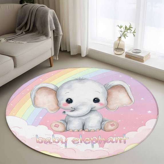 Small Round Rug 3Ft Washable Non-Slip, Elephants Circle Area Rugs for Living Room Bedroom, Cute Rainbow Clouds Pink Purple Indoor Floor Mats Carpet Runner for Home Decor