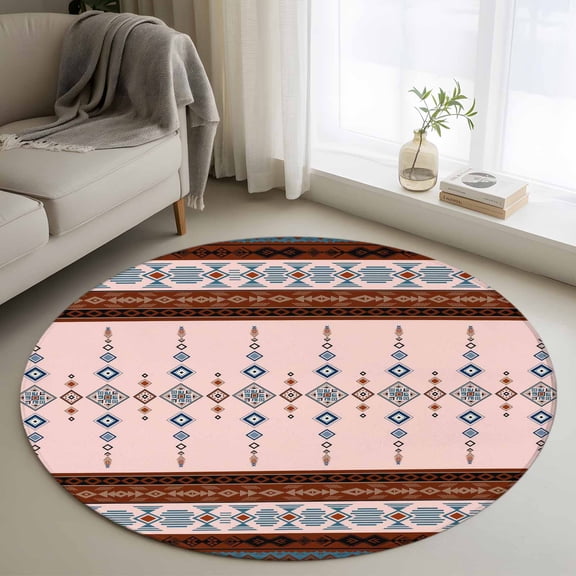 Small Round Rug 3Ft Washable Non-Slip, Farmhouse Boho Circle Area Rugs for Living Room Bedroom, Retro Ethnic Traditional Patterned Indoor Floor Mats Carpet Runner for Home Decor