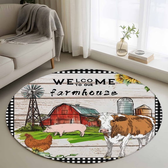 Small Round Rug 3Ft Washable Non-Slip, Farmhouse Cow Circle Area Rugs for Living Room Bedroom, Country Sunflowers Pig Cabin Barn Wooden Indoor Floor Mats Carpet Runner for Home Decor