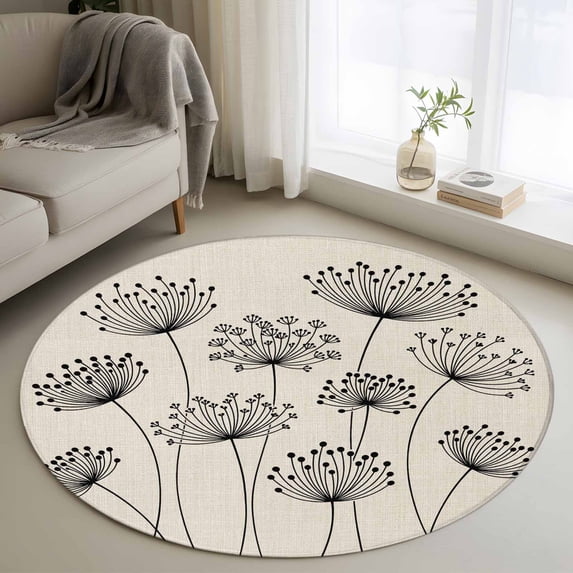 Small Round Rug 3Ft Washable Non-Slip, Farmhouse Dandelion Circle Area Rugs for Living Room Bedroom, Spring Modern Country Flower Black Beige Indoor Floor Mats Carpet Runner for Home Decor