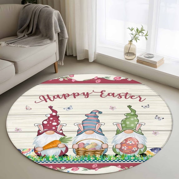 Small Round Rug 3Ft Washable Non-Slip, Gnomes Easter Circle Area Rugs for Living Room Bedroom, Eggs Tulips Spring Floral Wooden Indoor Floor Mats Carpet Runner for Home Decor