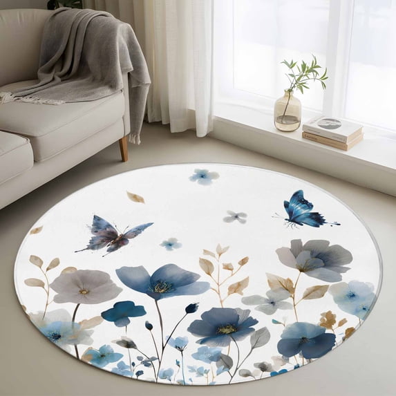 Small Round Rug 3Ft Washable Non-Slip, Gray Blue Flowers Circle Area Rugs for Living Room Bedroom, Watercolor Floral Butterflies Spring Indoor Floor Mats Carpet Runner for Home Decor