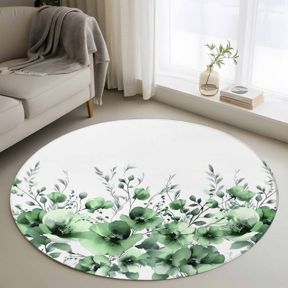 Small Round Rug 3Ft Washable Non-Slip, Green Blooms Floral Circle Area Rugs for Living Room Bedroom, Farmhouse Spring Flowers Botanical Indoor Floor Mats Carpet Runner for Home Decor