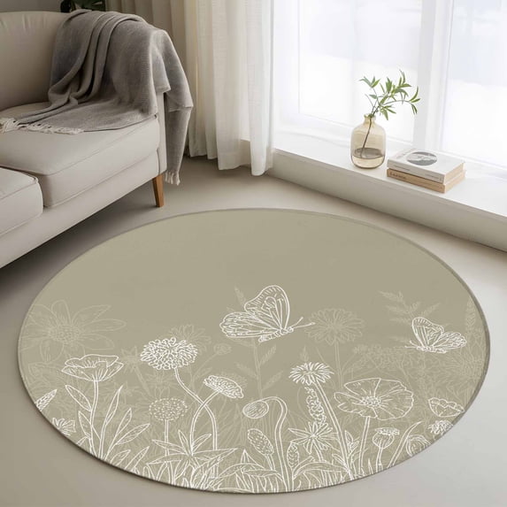 Small Round Rug 3Ft Washable Non-Slip, Green Brown Wildflowers Circle Area Rugs for Living Room Bedroom, Modern Floral Butterfly Plant Indoor Floor Mats Carpet Runner for Home Decor