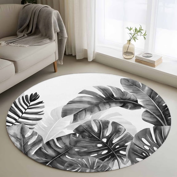 Small Round Rug 3Ft Washable Non-Slip, Grey Black Leaves Circle Area Rugs for Living Room Bedroom, Summer Botanical Watercolor Leaf Indoor Floor Mats Carpet Runner for Home Decor